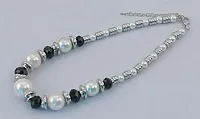 Silver Tone Necklace with Black & White Beads 049-40141