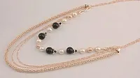 Gold Tone Necklace Black & White Beads 049-40317
