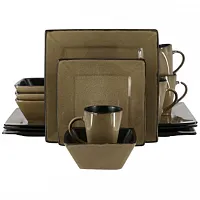 Gibson Elite Kiesling 16 Piece Hard Square Stoneware Dinnerware Set in Taupe and