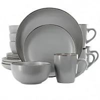 Gibson Home Rockaway 16 Piece Stoneware Gold Rimmed Dinnerware Set in Grey