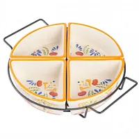 Laurie Gates Tierra 4-Section Hand Painted Stoneware Tidbit Dish with Metal Rack