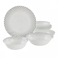 Ultra by Gibson Cane Peak 12 Piece Opal Glass Dinnerware Set in White With Grey