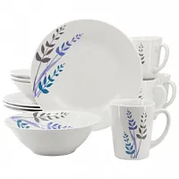 Gibson Home Blue Leaves 12 Piece Round Fine Ceramic Decorated Dinnerware Set in