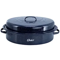 Oster Castillo 17.7 x 13.8 Inch Enamel on Steel Roaster Pan with Lid in Navy Blu