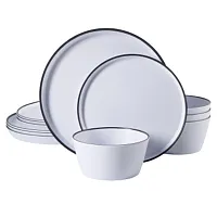 Gibson Home Folsom Shores 12 Piece Melamine Dinnerware Set in White w/ Black Rim