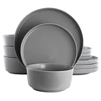 Gibson Home Dempsey Road 12 Piece Stoneware Dinnerware Set in Grey