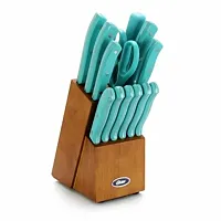 Oster Evansville 14 Piece Stainless Steel Blade Cutlery Set with Turquoise Plast
