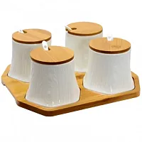 Elama Ceramic Spice, Jam and Salsa Jars with Bamboo Lids &amp; Serving Spoons