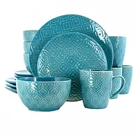 Elama Aqua Lily 16 Piece Luxurious Stoneware Dinnerware with Complete Setting fo