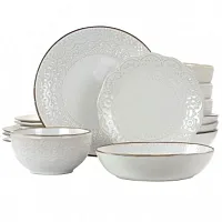 Elama Countess 16 Piece Embossed Double Bowl Stoneware Dinnerware Set in Ivory