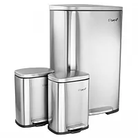 Elama 3 Piece 13 Gallon and 1.3 Gallon Stainless Steel Step Trash Bin Combo Set