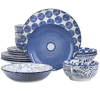 Elama Aurora 16 Piece Assorted Porcelain Double Bowl Dinnerware Set in Blue