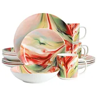 Elama Autumn Storm 16 Piece Abstract Design Round Porcelain Dinnerware Set in Mu