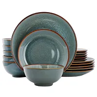 Elama Betty 18 Piece Stoneware Dinnerware Set in Blue with Brown Rim, Service fo
