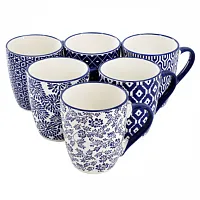 Elama Declan 6 Piece 12 Ounce Assorted Design Stoneware Mug Set in Blue and Whit