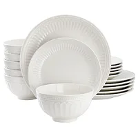 Elama Finley 18 Piece Embossed Arch Stoneware Dinnerware Set in White