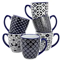 Elama Flyn 6 Piece 16 Ounce Assorted Design Stoneware Mug Set in Navy Blue and W