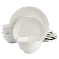 Elama Gabriella 12 Piece Embossed Arch Stoneware Dinnerware Set in White