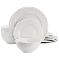 Elama Genevieve 12 Piece Embossed Dot Stoneware Dinnerware Set in White