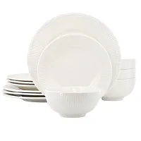 Elama Gianna 12 Piece Round Stoneware Dinnerware Set in White