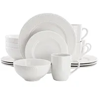 Elama Olevia 16 Piece Embossed Dot Stoneware Dinnerware Set in White
