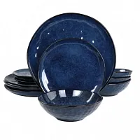 Elama Samara 12 Piece Stoneware Dinnerware Set in Blue