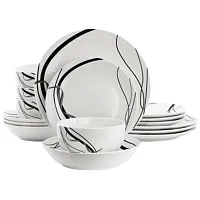 Elama Sarah 16 Piece Porcelain Black Ribbon Double Bowl Dinnerware Set, Service