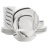Elama Sarah 24 Piece Porcelain Black Ribbon Double Bowl Dinnerware Set, Service