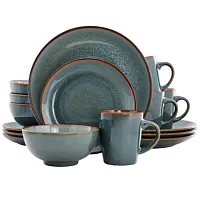 Elama Slate 16 Piece Stoneware Dinnerware Set in Blue with Brown Rim, Service fo