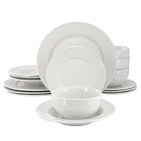 Elama Soyer 16 Piece Textured Design Double Bowl Porcelain Dinnerware Set in Whi