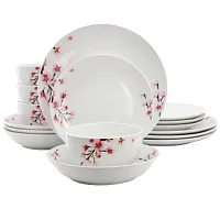 Elama Tamara 16 Piece Cherry Blossom Porcelain Double Bowl Dinnerware Set, Servi