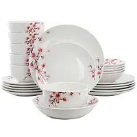 Elama Tamara 24 Piece Cherry Blossom Porcelain Double Bowl Dinnerware Set, Servi