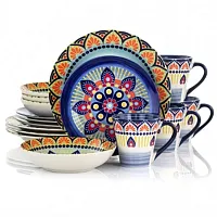 Elama Zen Blue Mozaik 16 Piece Luxurious Stoneware Dinnerware with Complete Sett