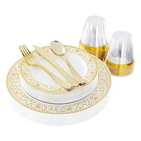 Elama 150 Piece Disposable Plastic Dinnerware Party Set for 25 Guests in White w