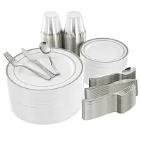 Elama 600 Piece Disposable Plastic Dinnerware Party Set for 100 Guests in White
