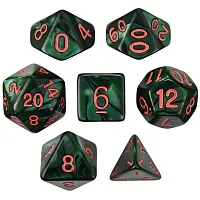 Set of 7 Dice - Cinderbloom - Pearlized Green with Red Paint GDIC-1185