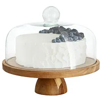 MegaChef Acacia Wood Multi-Function Cake Stand with Glass Dome Lid
