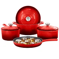 MegaChef 7 Piece Enameled Cast Iron Cookware Set in Red