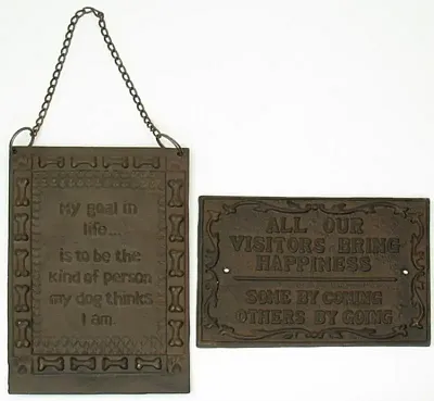 Cast Iron Set of Two Rust Plaques: Visitors & Life&#039;s Goal 0170-07546