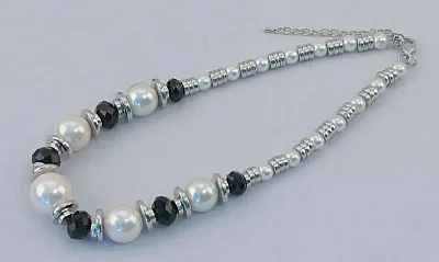 Silver Tone Necklace with Black & White Beads 049-40141