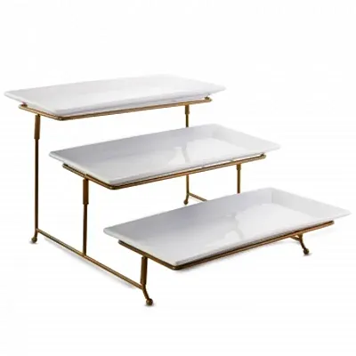 Gibson Elite Gracious Dining 3 Tiered Rectangle Porcelain Plate Set with Gold Me