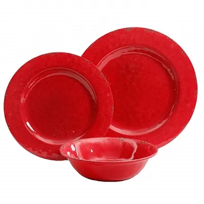Studio California Mauna 12 Piece Melamine Dinnerware Set in Red Crackle Look Dec