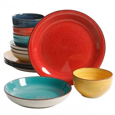 Gibson Color Speckle 12 Piece Mix and Match Double Bowl Dinnerware Set in 4 Asso