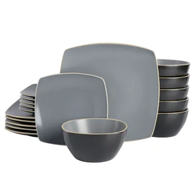 Gibson Soho Lounge 18 Piece Square Stoneware Dinnerware Set in Grey Matte