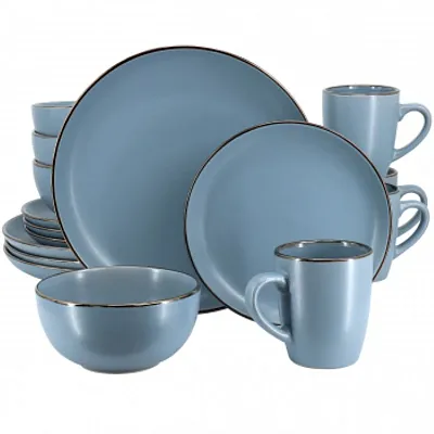 Gibson Home Rockaway 16 Piece Stoneware Metallic Rim Dinnerware Set in Matte Blu