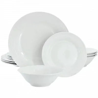 Gibson Home Everyday Embossed 12 Piece Round Ceramic Dinnerware Set in White