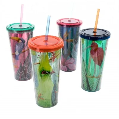 Gibson Home Tropical Bird 4 Piece 23.6 Ounce Double Wall Tumbler Set with Straw