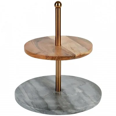 Laurie Gates California Designs Grey Marble and Acacia Wood 2 Tier Server