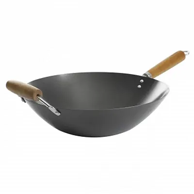 Kenmore Hammond 14 Inch Flat Bottom Carbon Steel Wok in Black with Wooden Handle