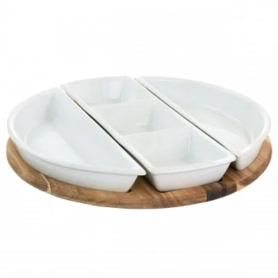 Gibson Elite Gracious Dining 4 Piece Fine Ceramic Sectional Tray Set with Acacia